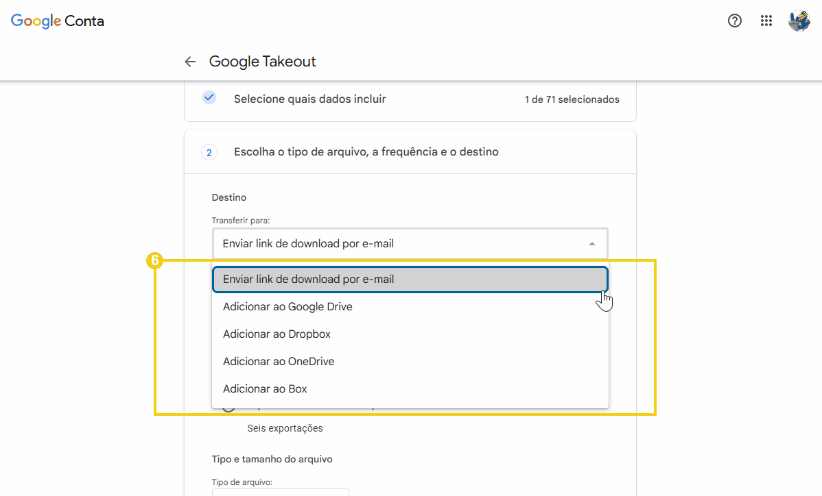 Tela de configurações do Google Takeout mostrando as opções de envio do arquivo de backup 