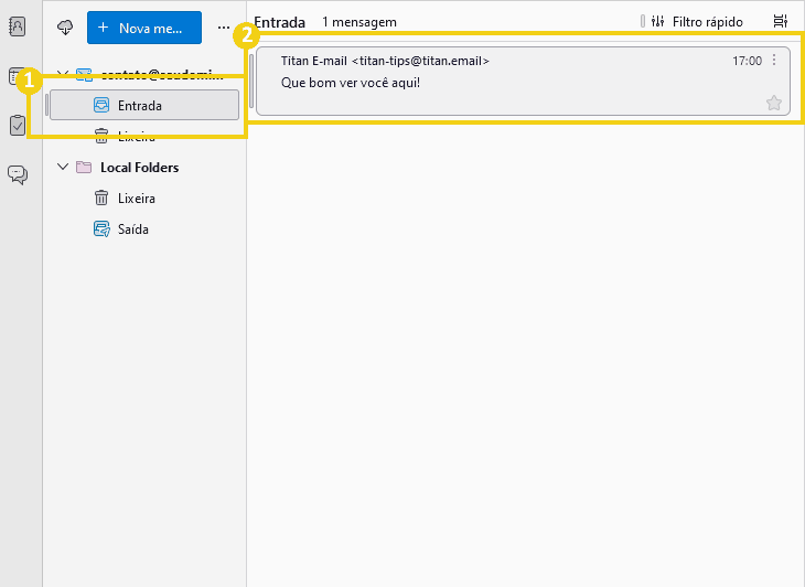 Imagem da caixa de entrada do titan exibida pelo thunderbird, com destaque para seleção de mensagem/pastas.