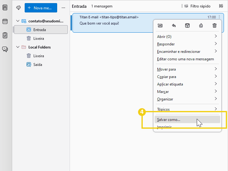 Imagem mostrando opção 'Salvar como...' no menu de contexto de e-mail no thunderbird, com foco na funcionalidade de salvar mensagens de e-mail externamente.