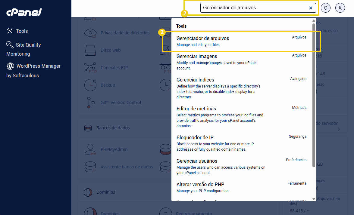 Imagem de uma tela de gerenciamento de arquivos no cPanel, destacando a pesquisa pela ferramenta “Gerenciador de arquivos” na caixa de busca. 