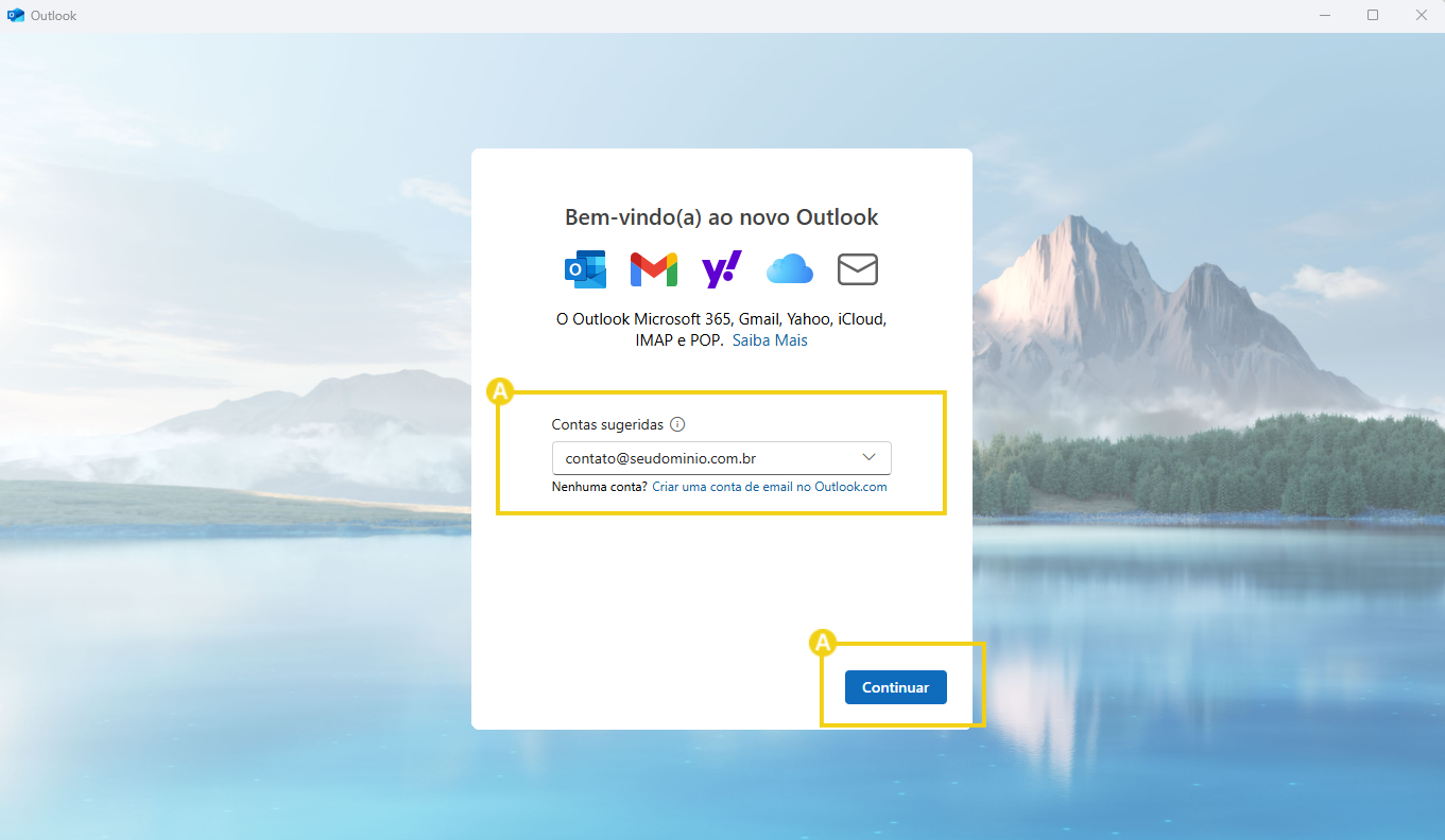 tela mostrando como adicionar uma conta no outlook