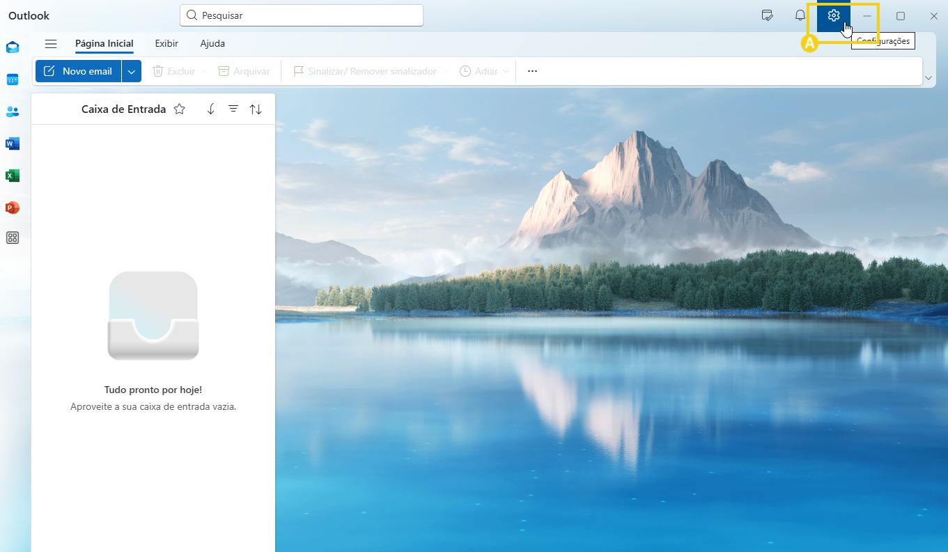 tela ilustrativa mostrando dentro da conta do outlook destaque no botão de engranagem 