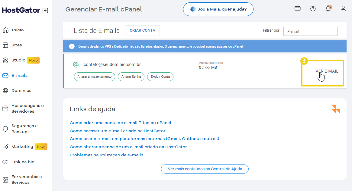 Tela de gerenciamento de e-mails no cPanel do HostGator, mostrando opções para visualizar e-mail, criar conta e gerenciar armazenamento. 