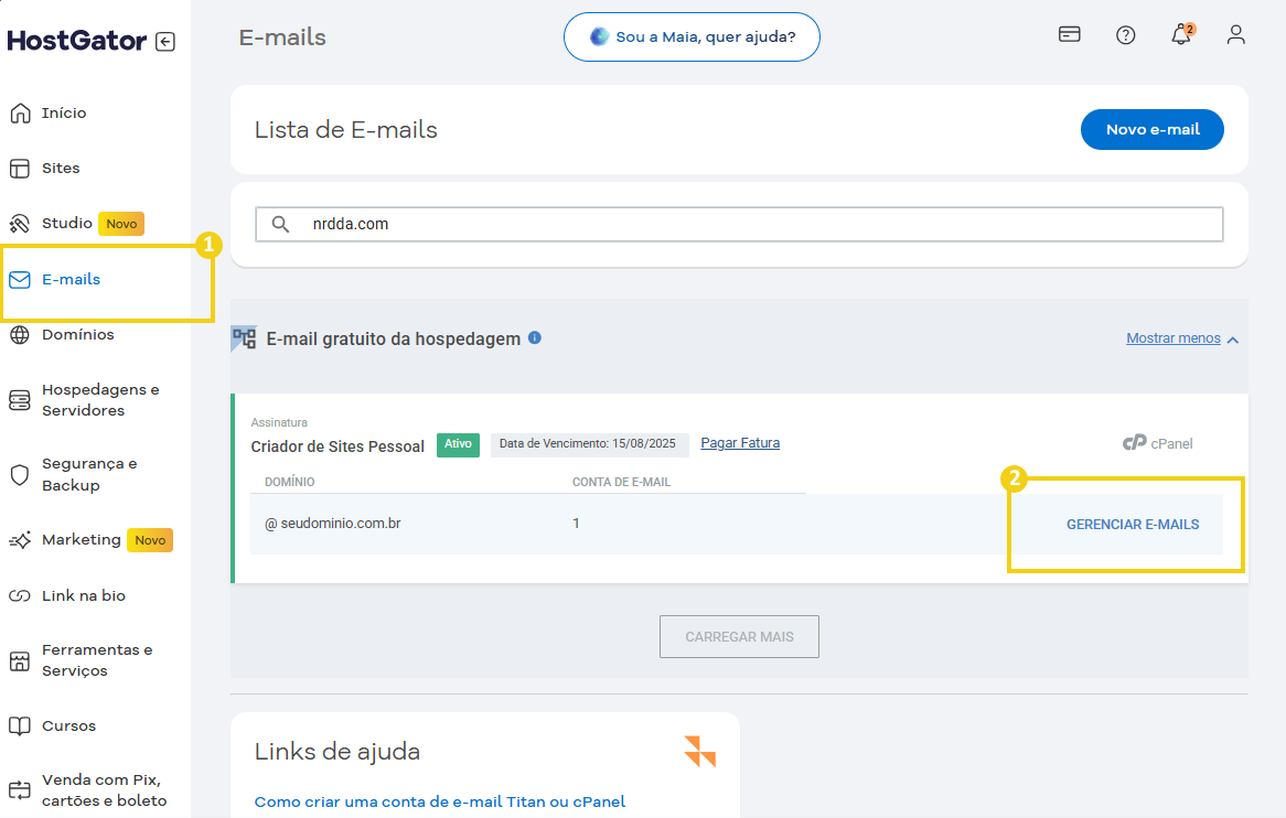 Tela do painel do HostGator mostrando opções de gerenciamento de e-mails na sua conta de hospedagem, incluindo a lista de e-mails e o botão de gerenciar e-mails. 