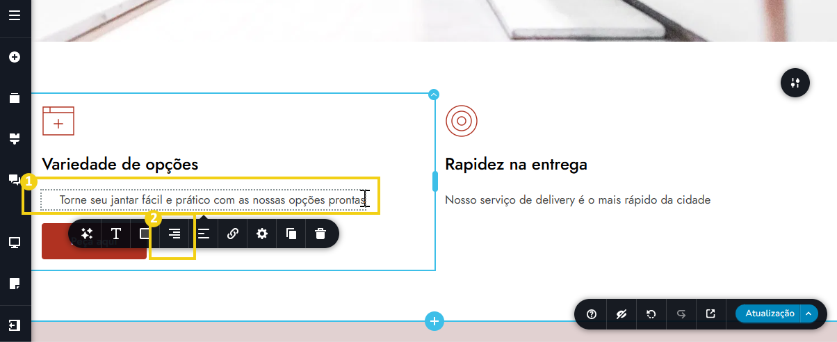 Imagem mostra o painel editor do Criador de Sites com IA, mostrando o clique em uma caixa de texto e em seguida no ícone de alinhamento