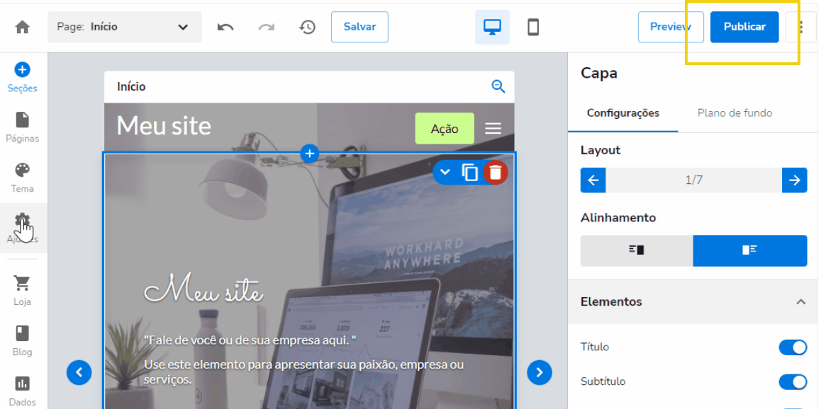 Imagem mostra o painel editor antigo do Criador de Sites com a marcação no botão "Publicar"