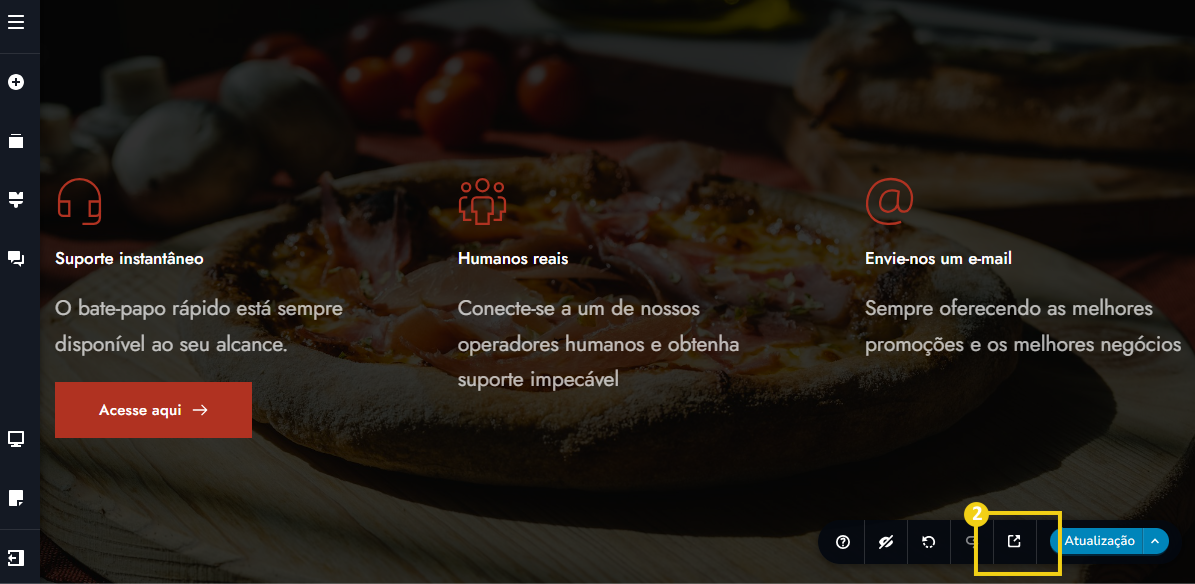 Imagem mostra a tela do editor do Criador de Sites com a marcação no ícone que abre o site no modo pré-visualização