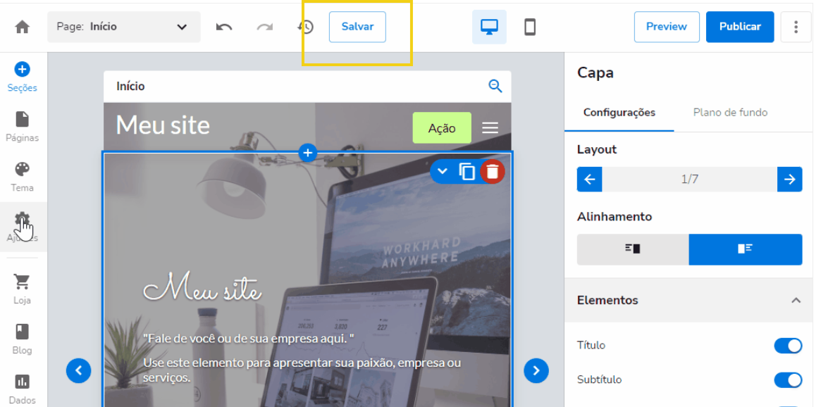 Imagem mostra o painel editor antigo do Criador de Sites com a marcação no botão "Salvar"