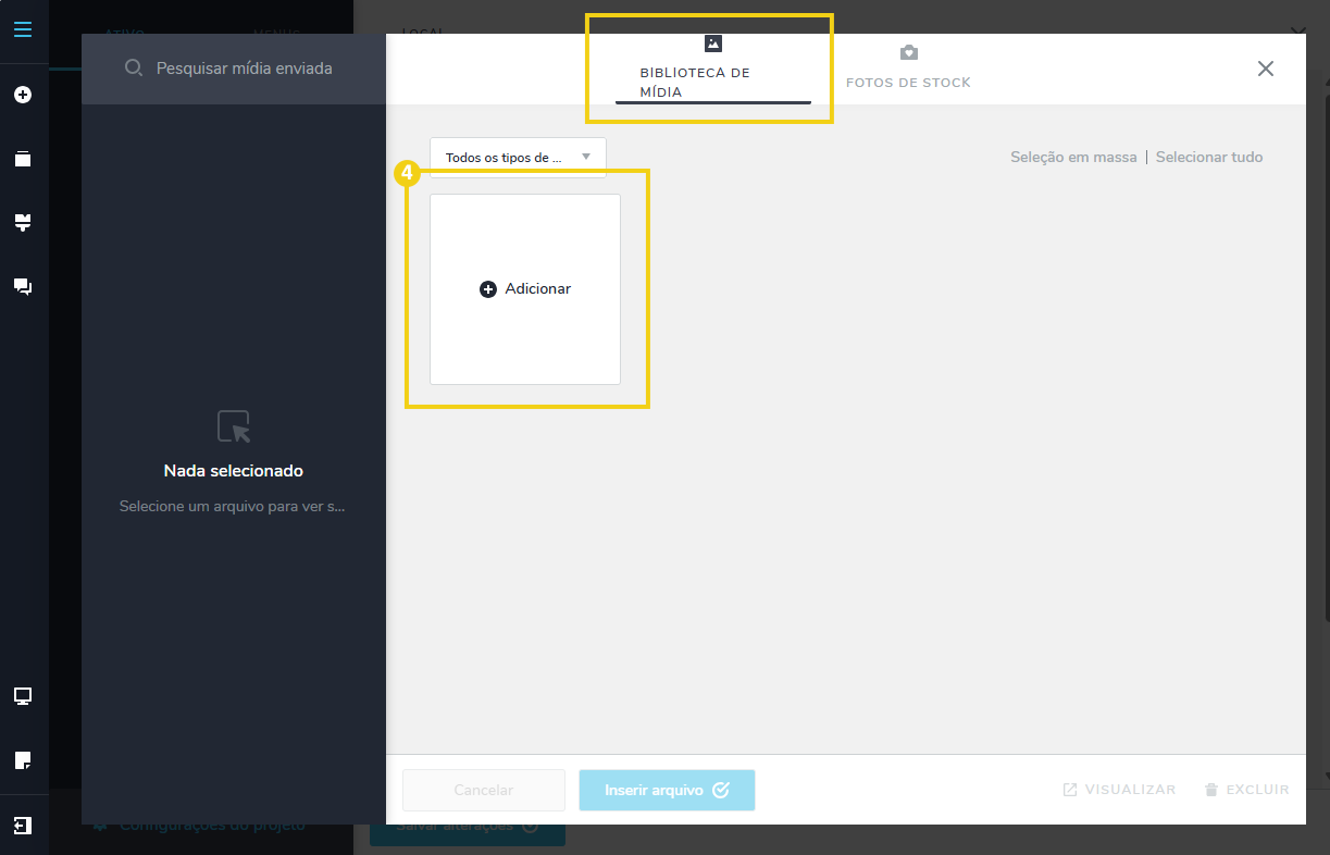 Imagem mostra o painel editor do Criador de Sites com a tela em que é para acessar os arquivos do seu dispositivo