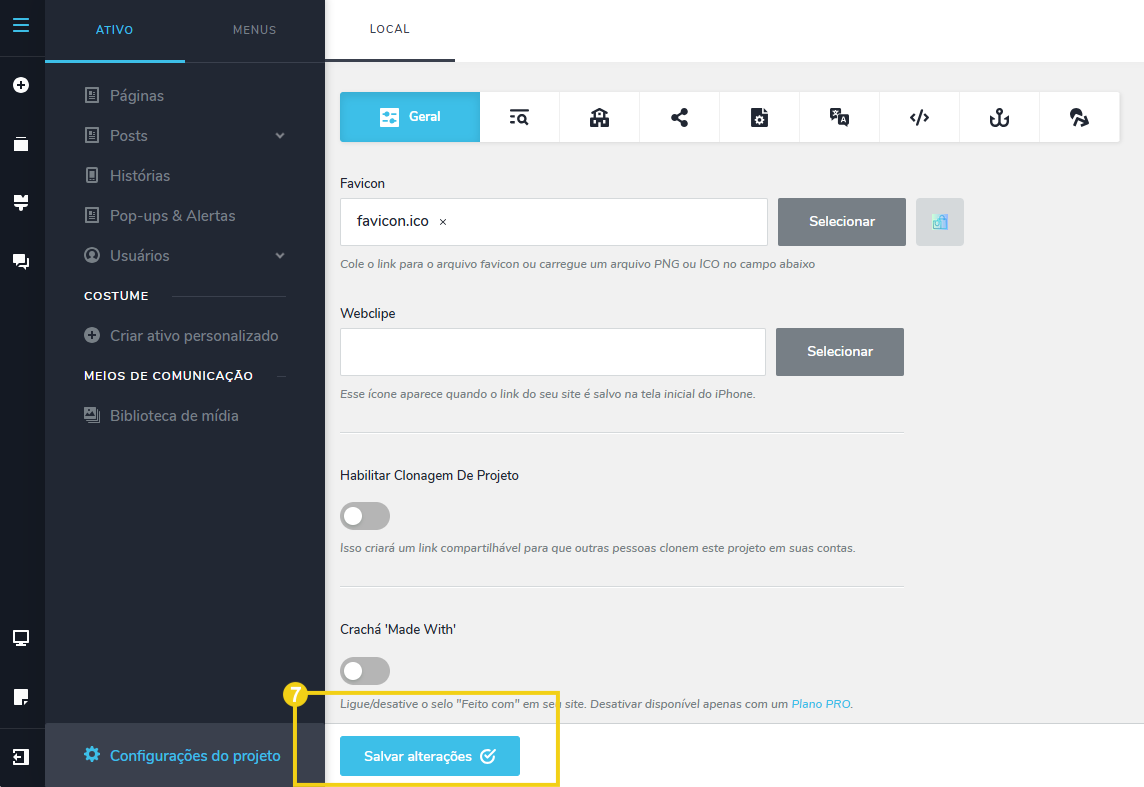 Imagem mostra o painel editor do Criador de Sites com a tela em que o arquivo já esta adicionado e deve-se clicar no botão "Salvar alterações"