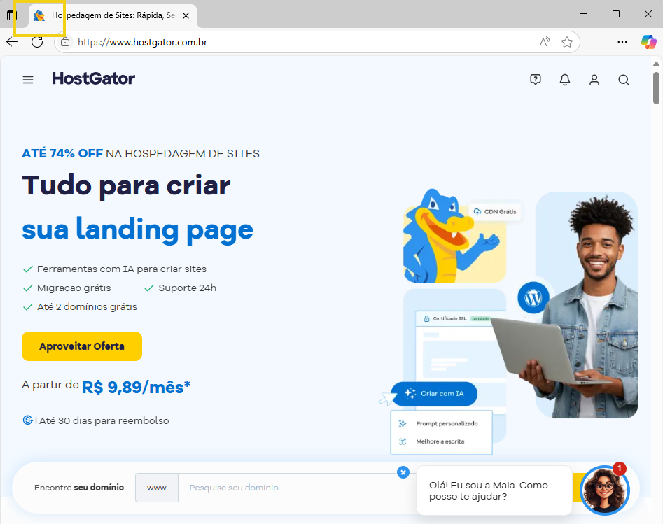 Imagem mostra o site da HostGator com a marcação no favicon que é exibido