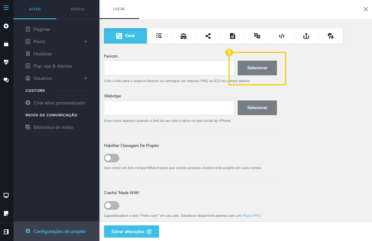 Imagem mostra o painel editor do Criador de Sites com a tela em que é para acessar e adicionar a imagem