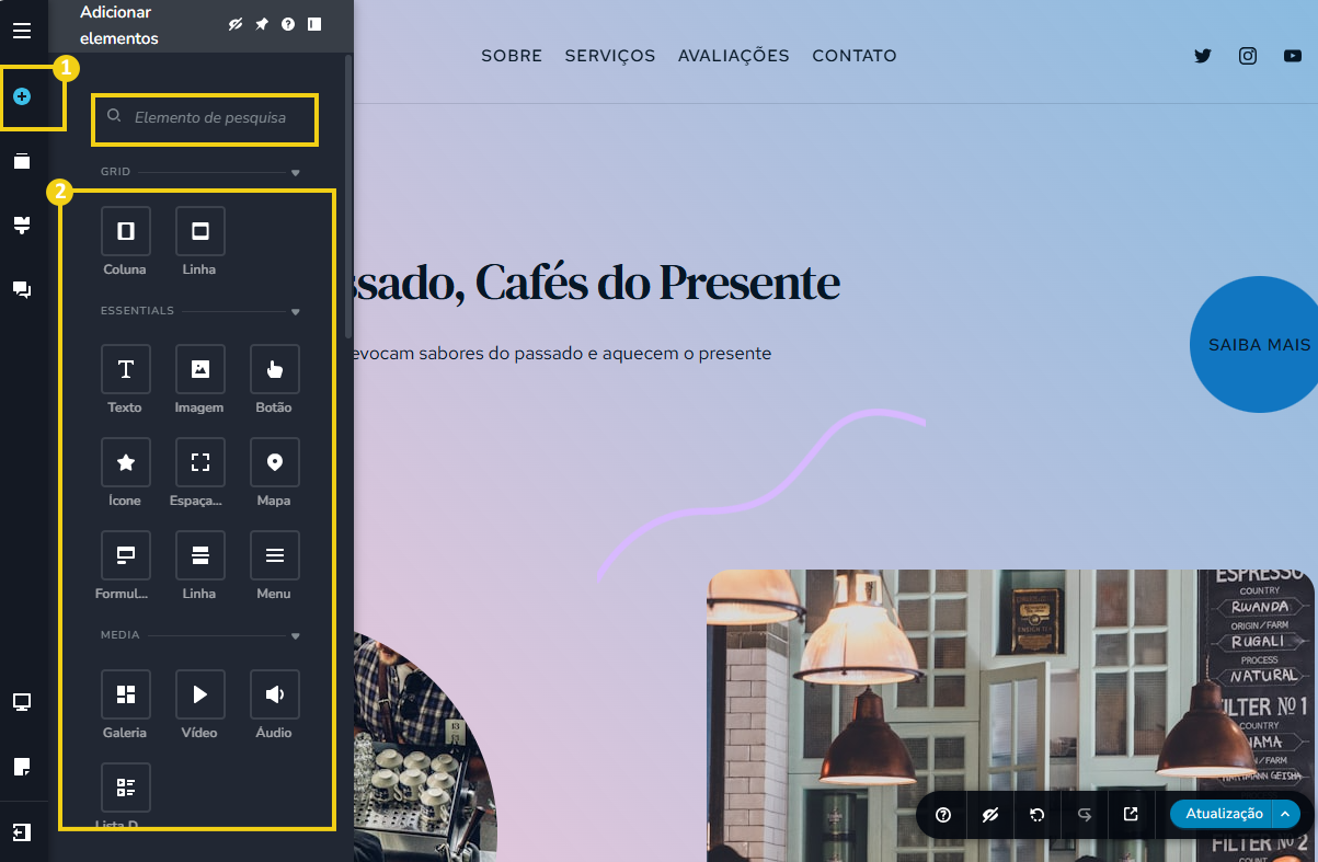 Imagem de um site de cafeteria destacando o menu de cafés e ambientes acolhedores para apreciar cafés do presente, com elementos de design moderno. Ideal para quem busca um espaço para desfrutar de cafés atuais e de qualidade.