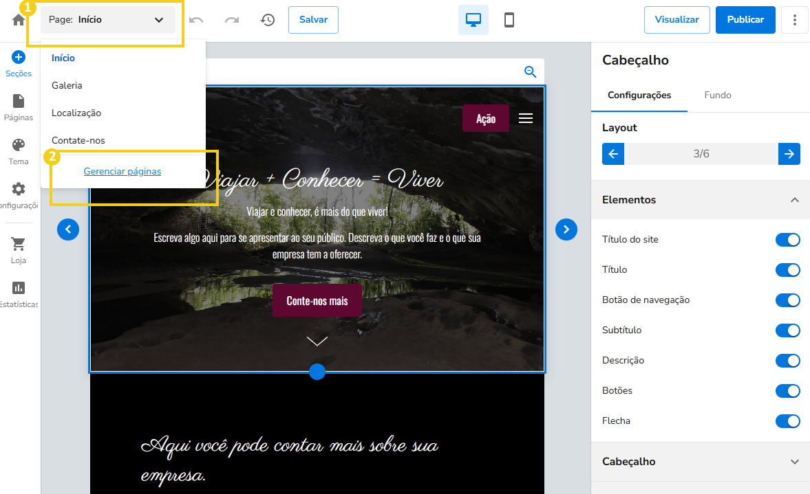 Imagem mostra a tela do editor do Criador de Sites Rápido com a marcação no acesso ao gerenciamento de páginas