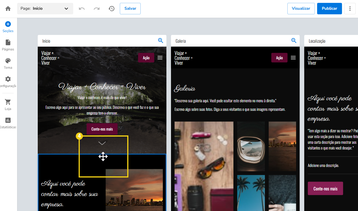 Imagem mostra a tela do editor do Criador de Sites Rápido com a marcação no recurso para mudar as seções de posição