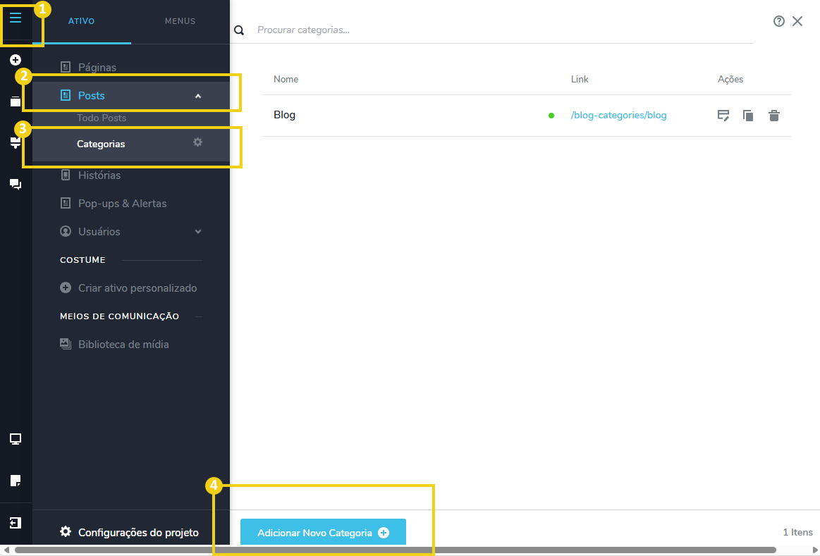 Interface de gerenciamento de posts e categorias em painel de controle de site, mostrando opções de criação e edição de conteúdo.