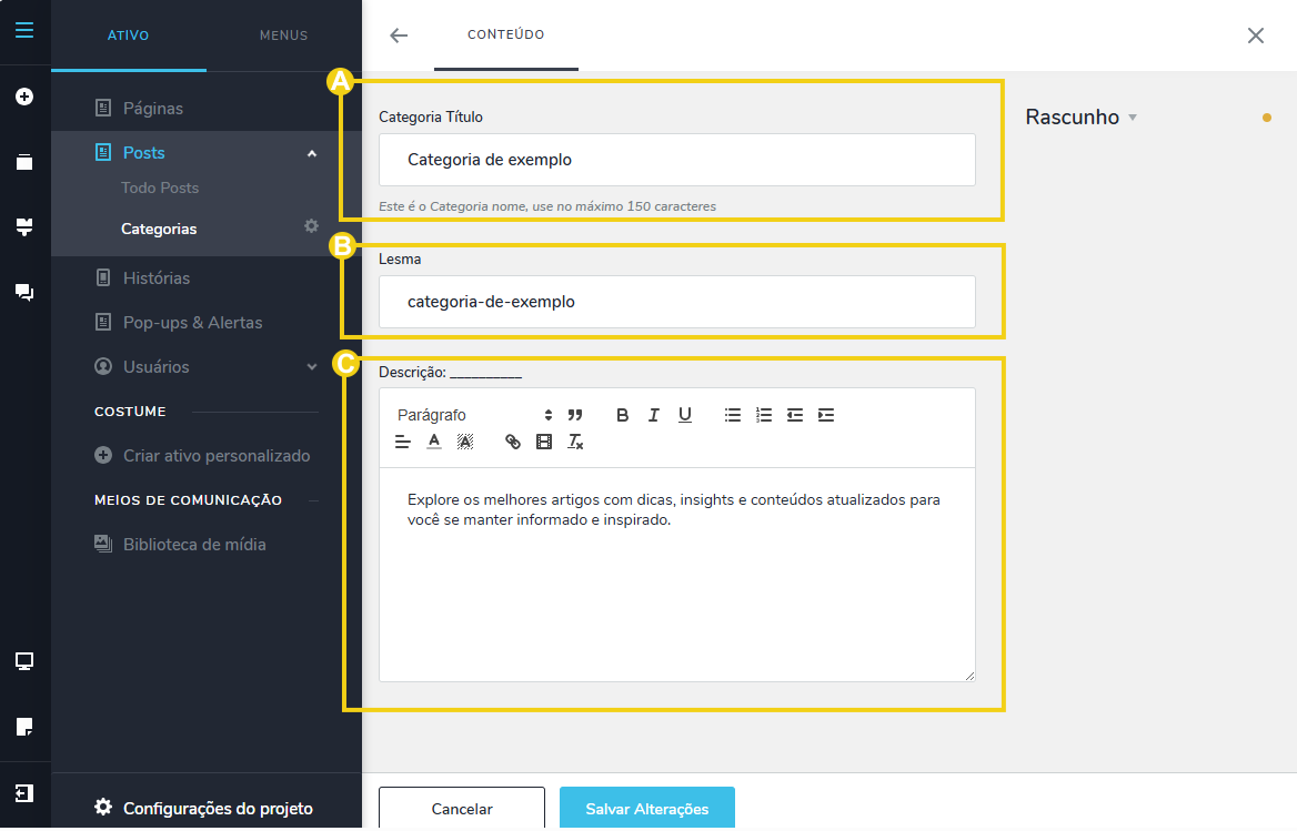 Imagem ilustrando a interface de edição de conteúdo em um sistema de gerenciamento de posts, com campos para título, legenda e descrição, destacando as áreas de entrada de dados.