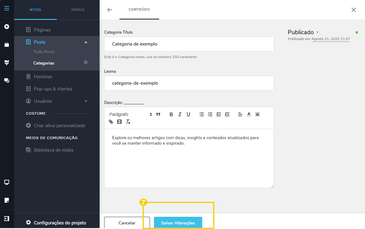 Imagem de captura de tela do painel de gerenciamento de conteúdo de um site, mostrando opções de categorias, postagem e edição de conteúdo.