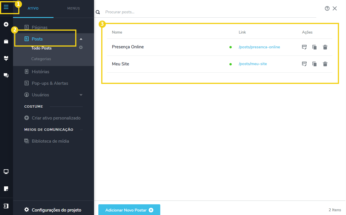Captura de tela do painel de gerenciamento de posts no site, mostrando opções de posts como Presença Online e Meu Site, com links e ações de edição ou exclusão.