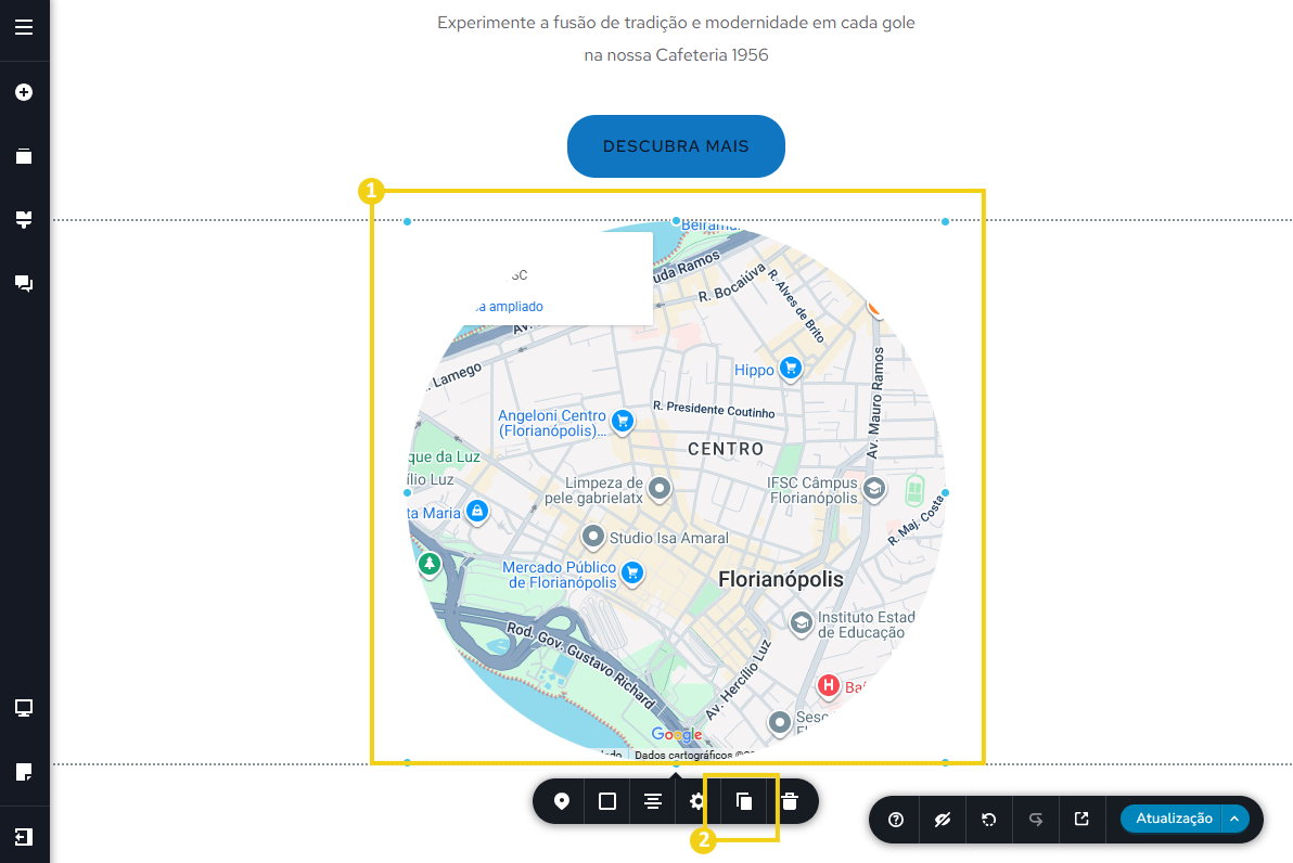 Imagem mostra a tela do editor do Novo Criador de Sites com a marcação no mapa e no menu de ferramentas, no ícone de duplicar
