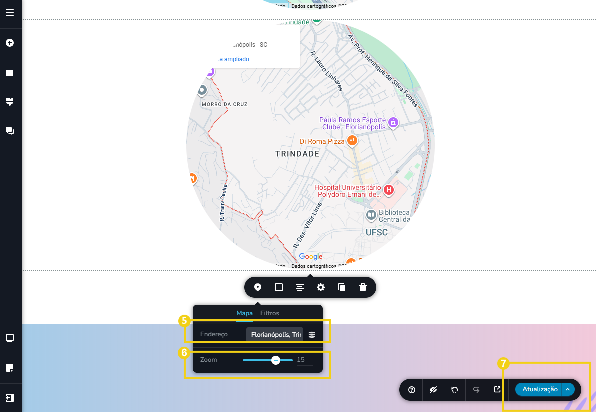 Imagem mostra a tela do editor do Novo Criador de Sites com a marcação no menu de ferramentas para configurar as informações e com marcação no botão "Atualização"