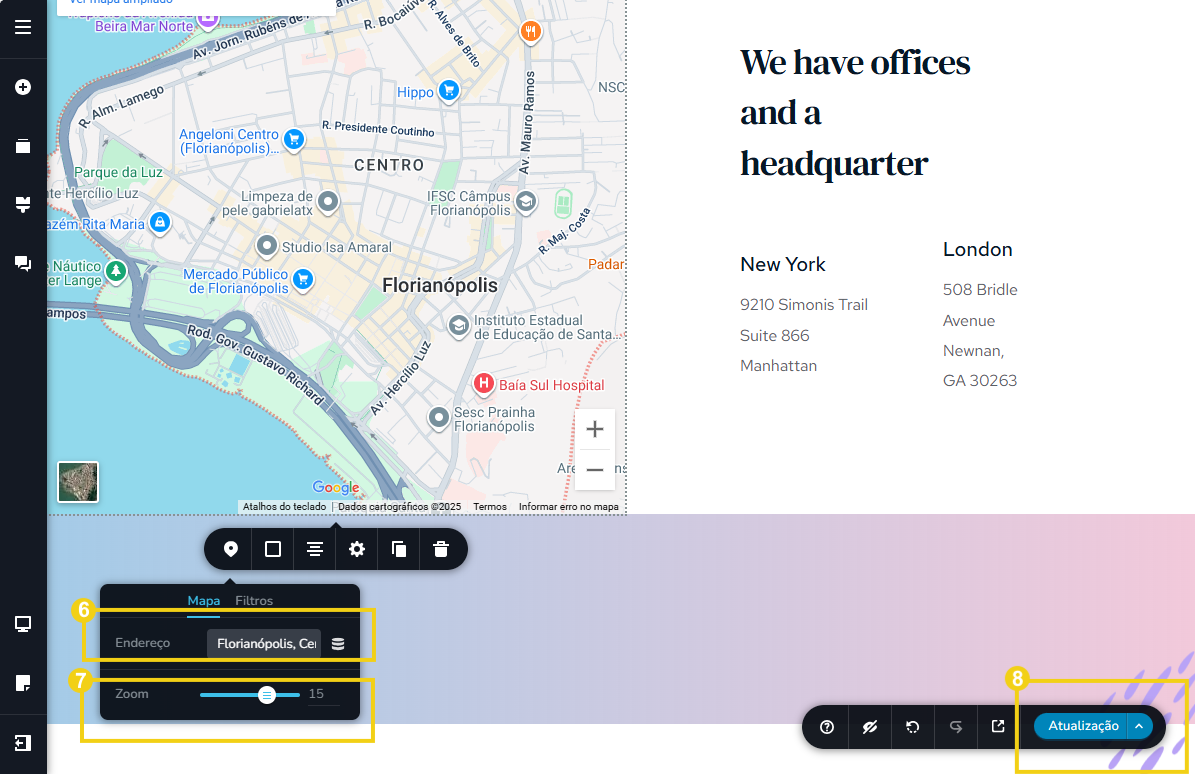 Imagem mostra a tela do editor do Novo Criador de Sites com a marcação no menu de ferramentas para configurar as informações e com marcação no botão "Atualização"