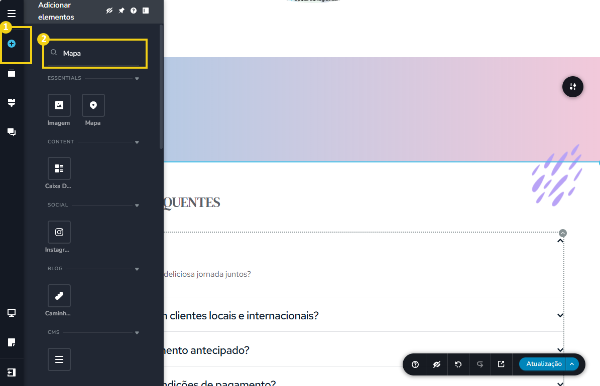 Imagem mostra a tela do editor do Novo Criador de Sites com a marcação no ícone de elementos e no campo de busca tem "Mapa"