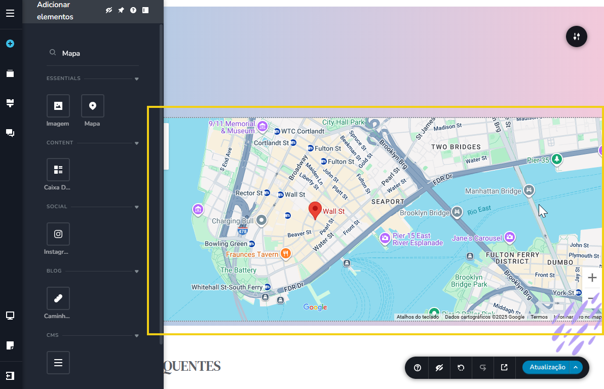 Imagem mostra a tela do editor do Novo Criador de Sites com a marcação no mapa adicionado