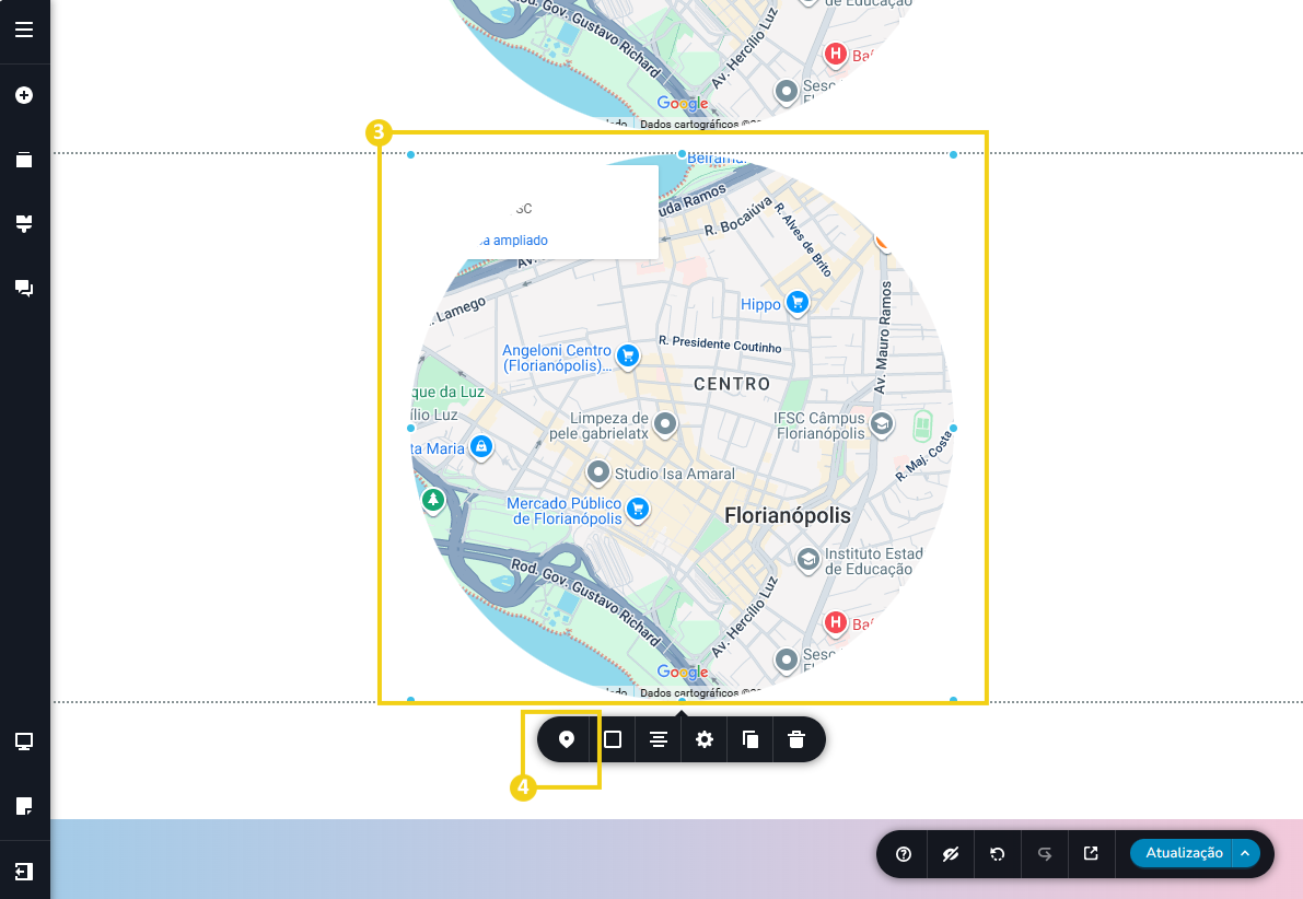 Imagem mostra a tela do editor do Novo Criador de Sites com a marcação no mapa e no menu de ferramentas, no ícone de mapa
