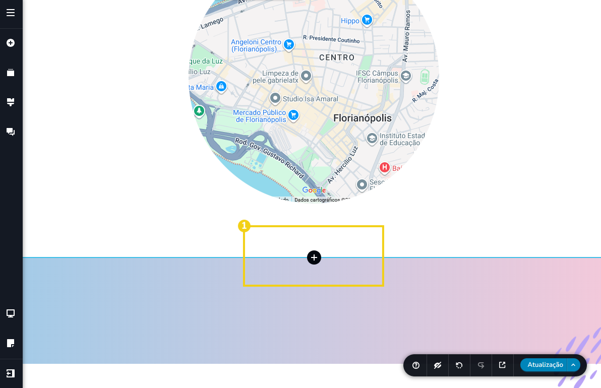 Imagem mostra a tela do editor do Novo Criador de Sites com a marcação no botão para adicionar nova seção