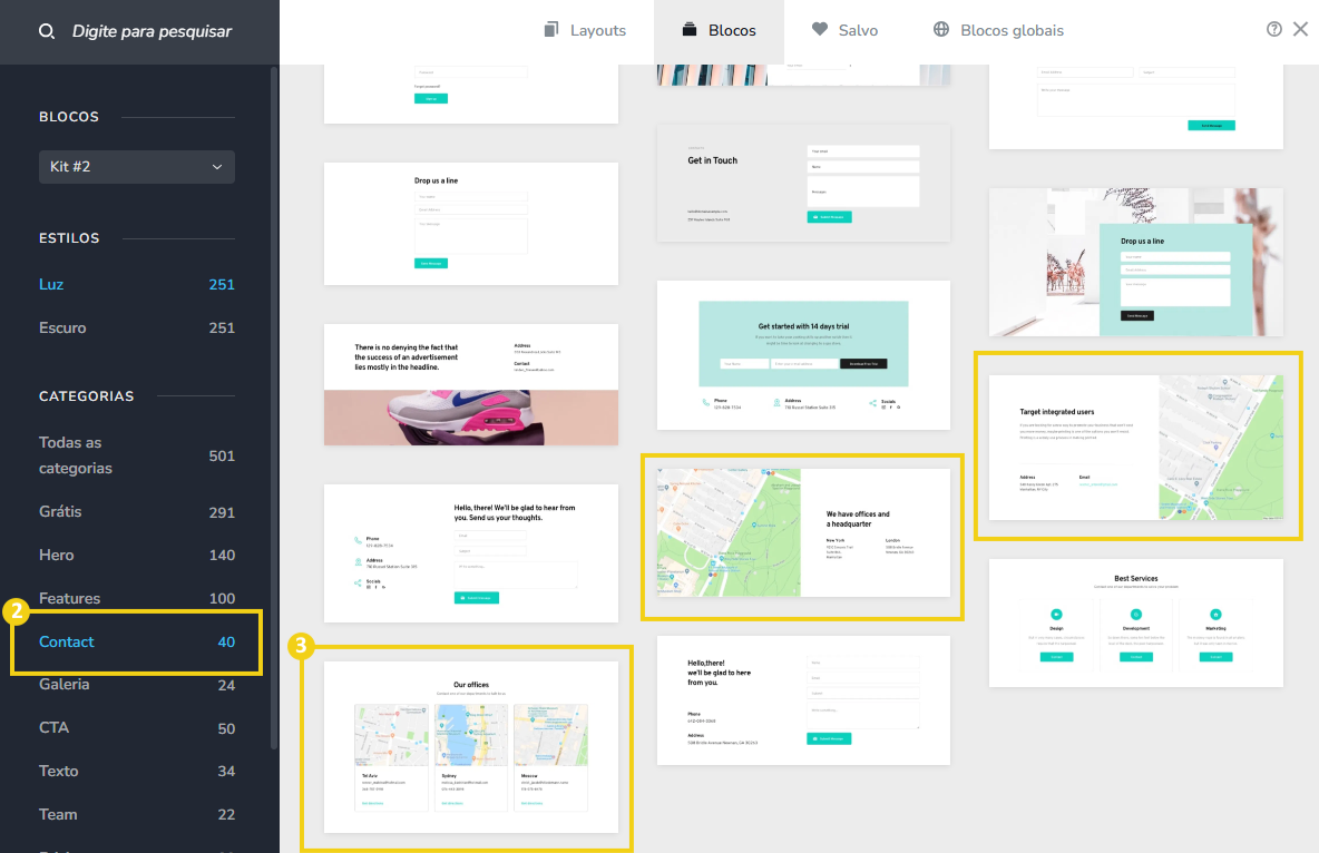 Imagem mostra a tela do editor do Novo Criador de Sites para escolher um modelo pronto com mapa