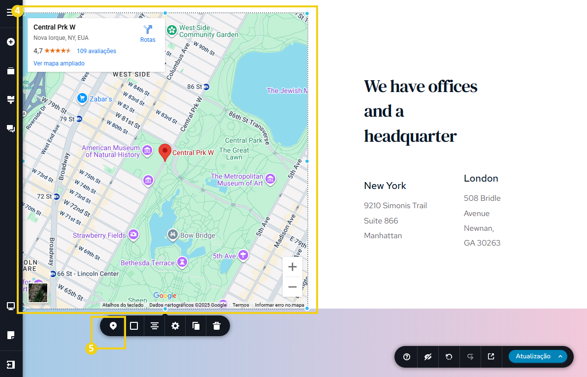 Imagem mostra a tela do editor do Novo Criador de Sites com a marcação no mapa e no menu de ferramentas, no ícone de mapa
