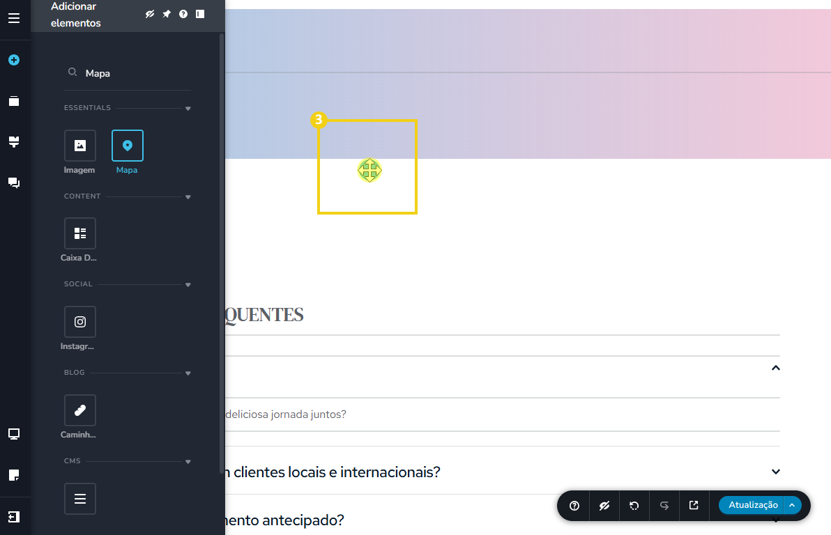 Imagem mostra a tela do editor do Novo Criador de Sites com a marcação mostrando o ícone sendo arrastado na posição do site que deseja