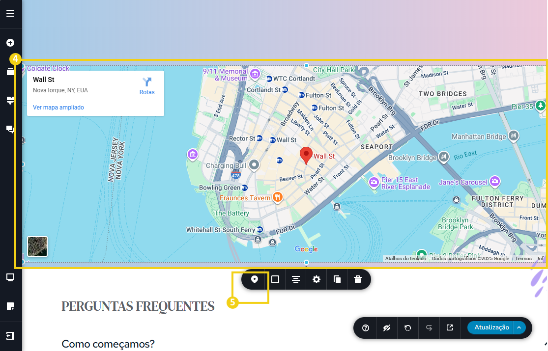 Imagem mostra a tela do editor do Novo Criador de Sites com a marcação no menu de ferramentas e no ícone de mapa