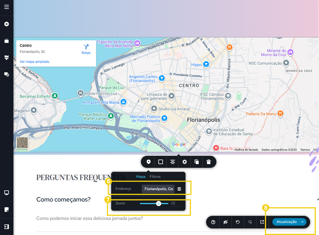 Imagem mostra a tela do editor do Novo Criador de Sites com a marcação no menu de ferramentas para configurar as informações e com marcação no botão "Atualização"