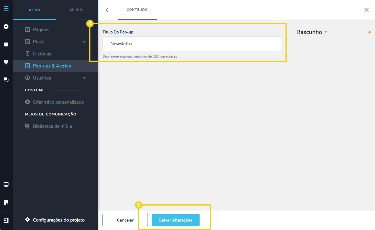 Imagem mostra a tela do editor do Criador de Sites com IA, destacando o acesso para adicionar um título e salvar