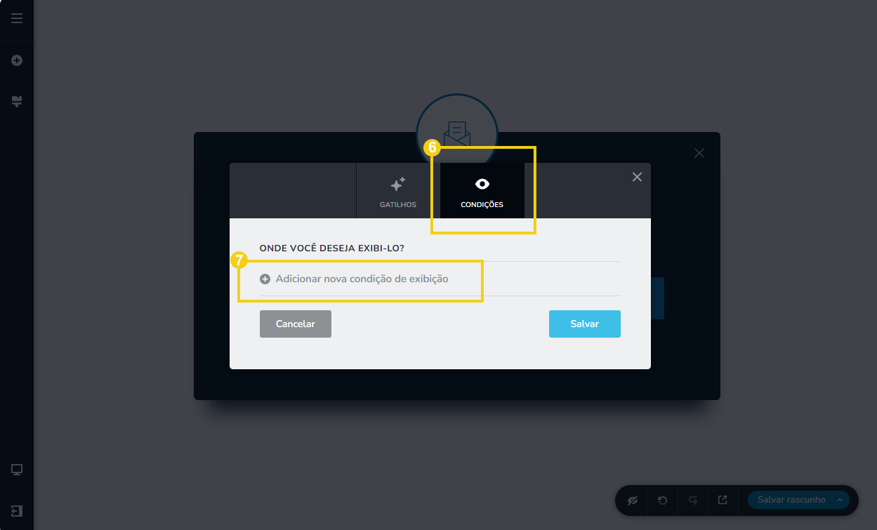 Imagem mostra a tela do editor do Criador de Sites com IA, destacando as configurações para as condições de exibição do pop-up