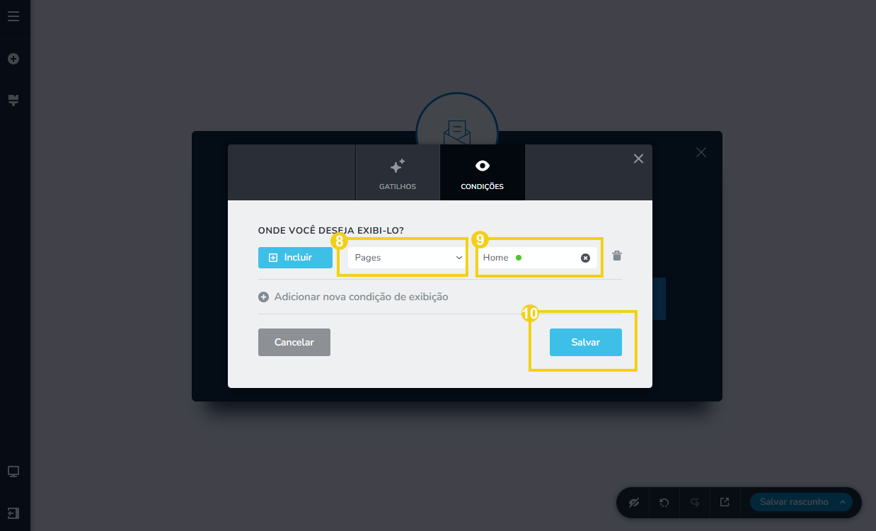 Imagem mostra a tela do editor do Criador de Sites com IA, destacando as configurações para as condições de exibição do pop-up