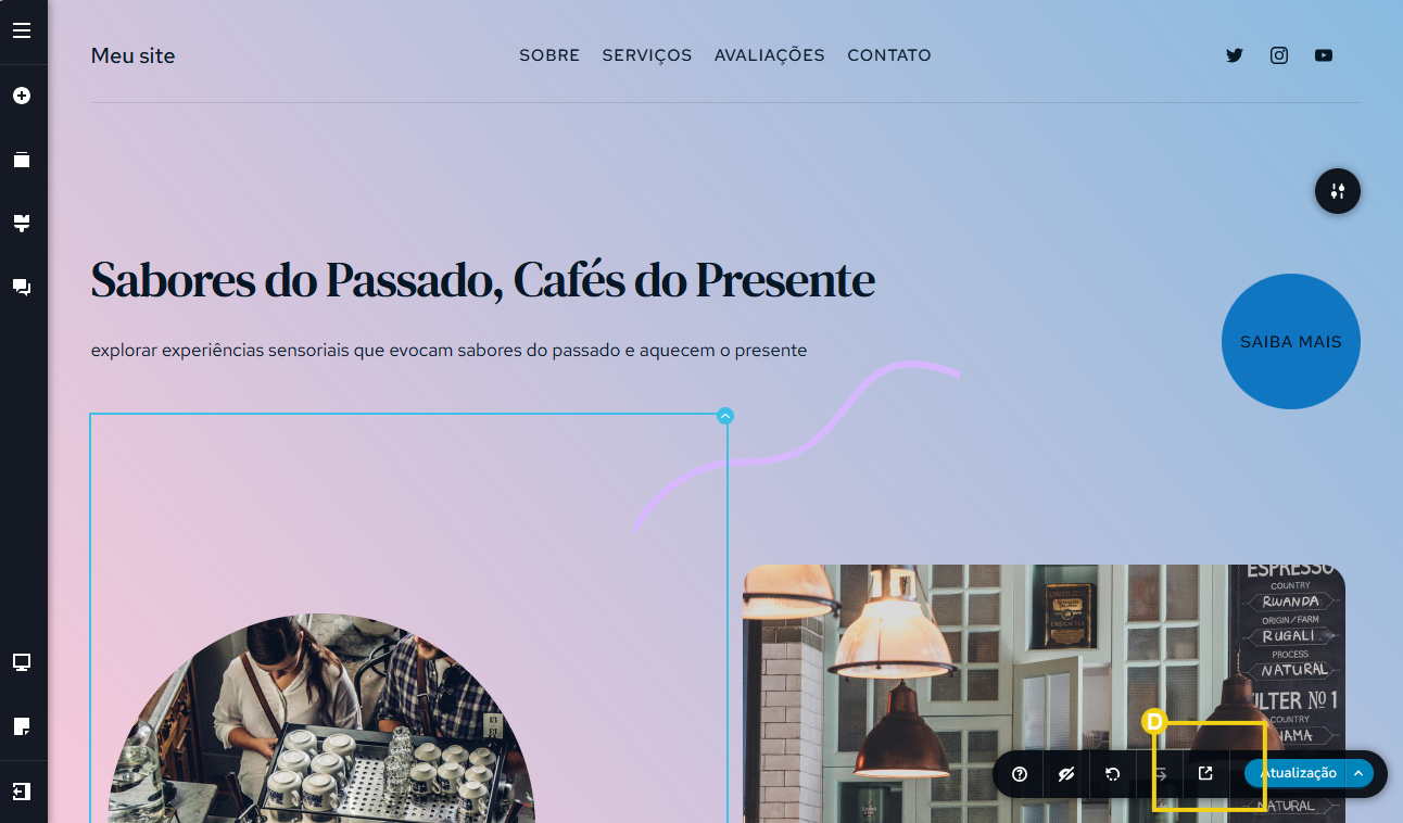 Imagem mostra a tela do editor do Criador de Sites com IA, destacando o botão pré-visualização
