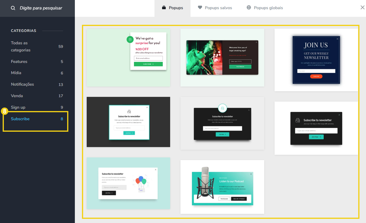 Imagem mostra a tela do editor do Criador de Sites com IA, destacando as ações para escolher um modelo