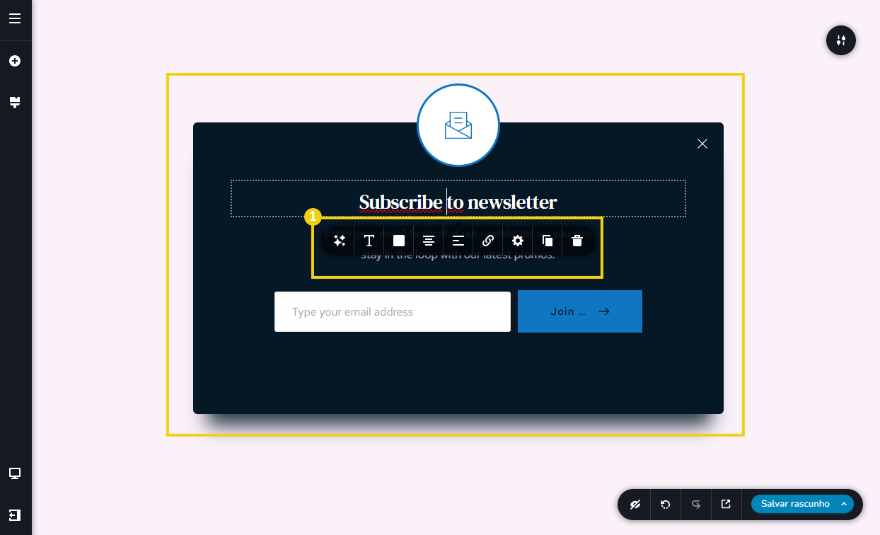 Imagem mostra a tela do editor do Criador de Sites com IA, destacando o menu de ferramentas que abre ao clicar no elemento
