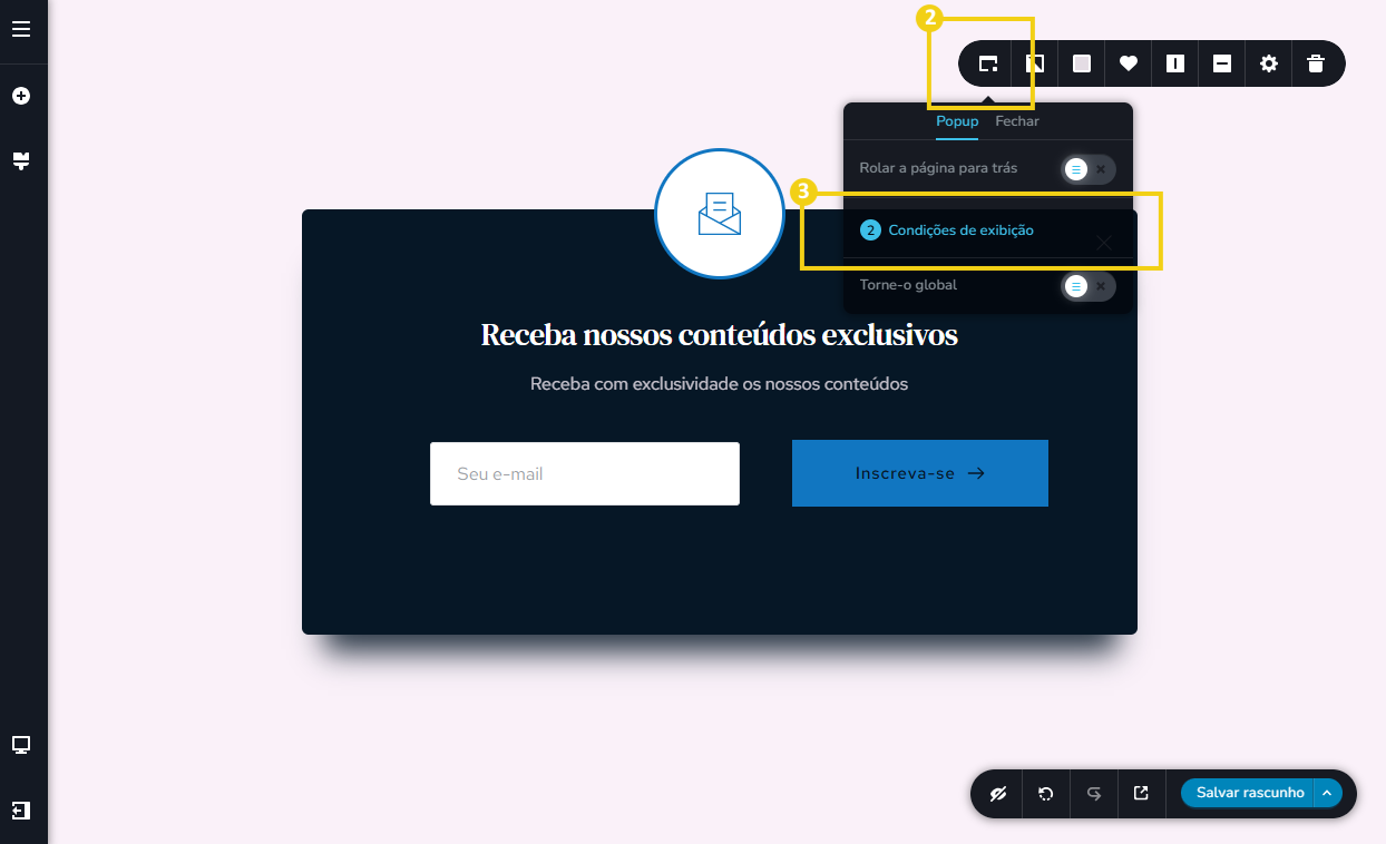 Imagem mostra a tela do editor do Criador de Sites com IA, destacando o menu de ferramentas e o acesso para a configuração