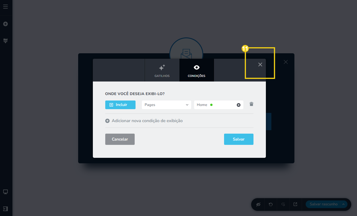 Imagem mostra a tela do editor do Criador de Sites com IA, destacando o botão de fechar a janela da configuração