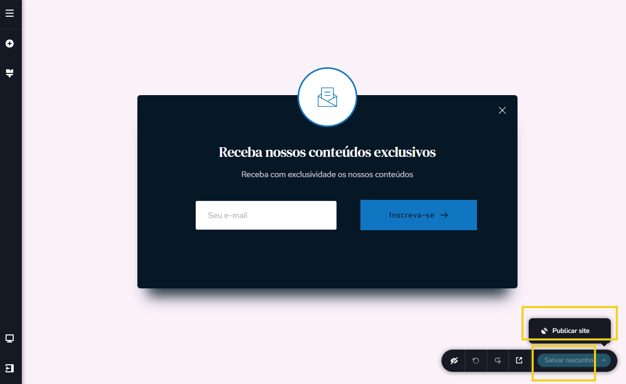 Imagem mostra a tela do editor do Criador de Sites com IA, destacando os botões para salvar e publicar