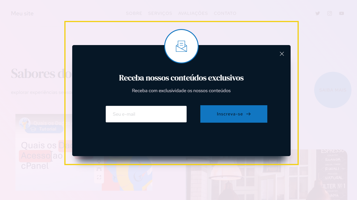 Imagem mostra a tela do site exibindo o pop-up configurado
