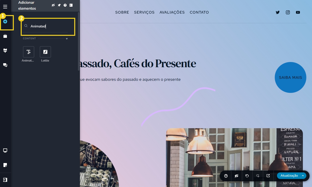 Imagem mostra a tela do Novo Criador de Sites com IA, com a marcação no ícone mais e no campo de busca que está escrito "Animated"