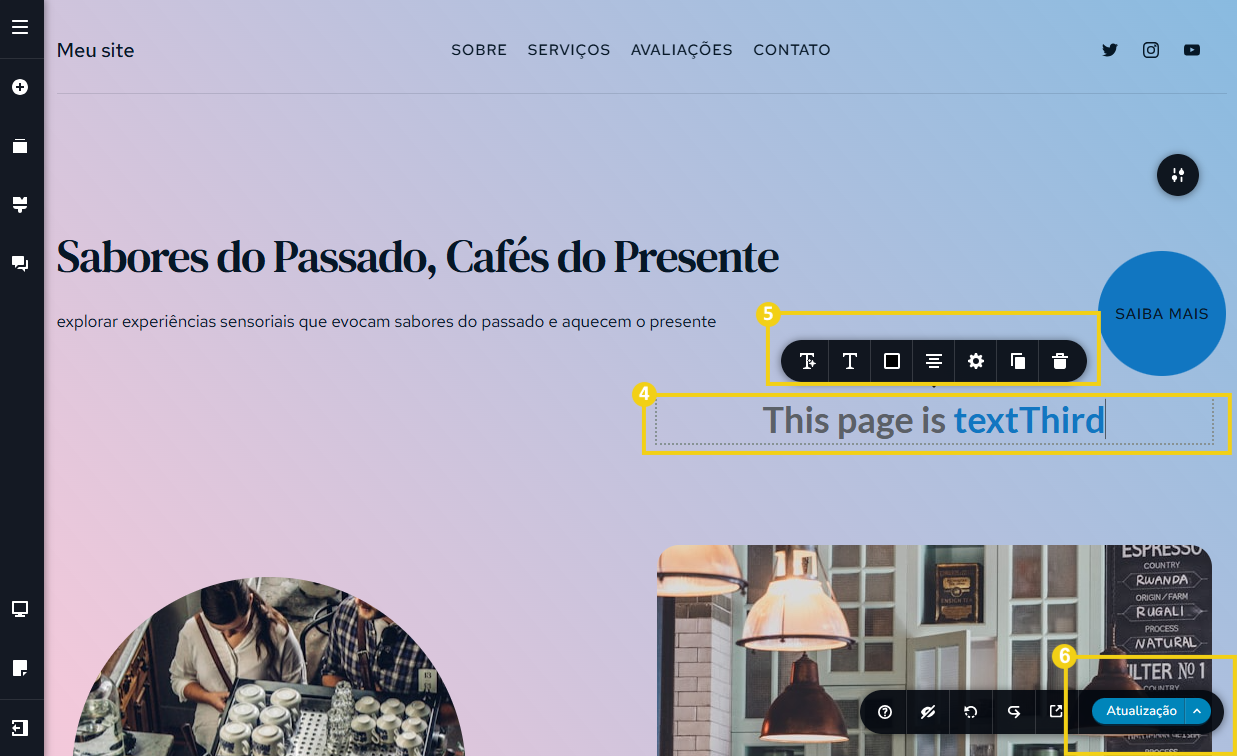 Imagem mostra a tela do Novo Criador de Sites com IA, com a marcação no ícone adicionado, no menu de ferramentas e no botão Atualização