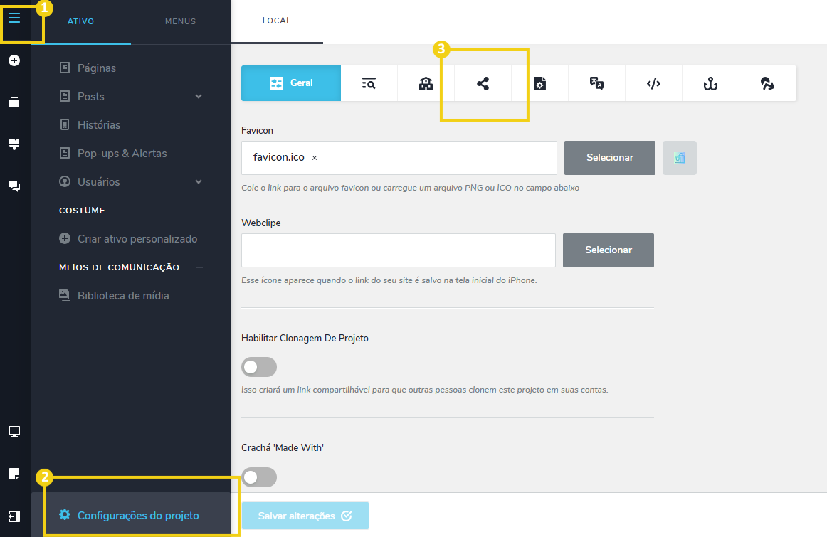 Imagem mostra a tela do editor do Criador de Sites com IA, com marcação no ícone com três linhas, em seguida em "Configurações do projeto" e em Compartilhamento