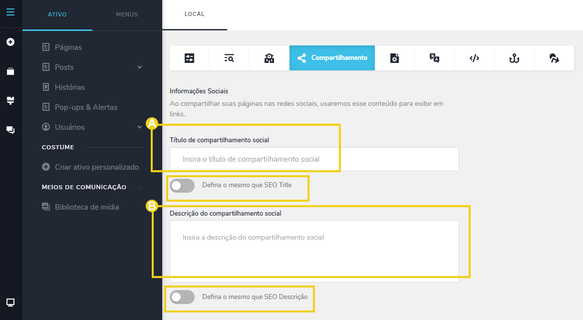 Imagem mostra a tela do editor do Criador de Sites com IA, na configuração das informações para o compartilhamento