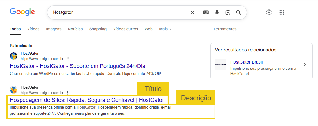 Imagem mostra a tela do Google como resultado de busca a HostGator, com as marcações no que é título e descrição SEO